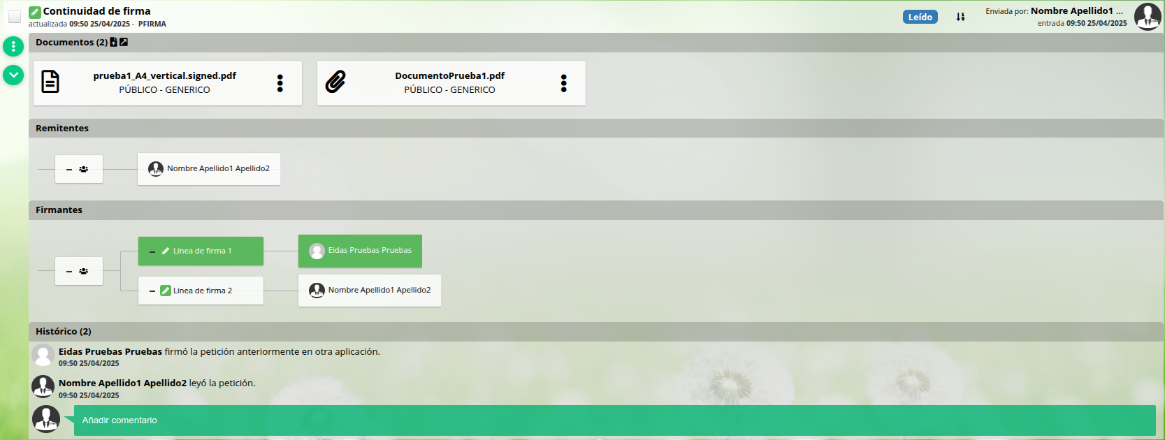 Detalle de la petición tras una continuidad de firma