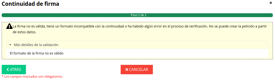 Último paso resultado erróneo de validación de firma