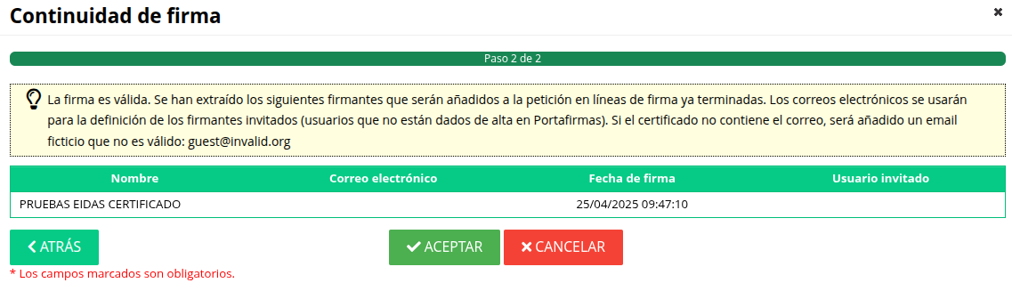 Último paso resultado de validación y extracción de firmantes